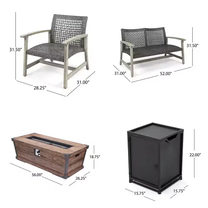 GDFStudio Savannah Salotto da Esterno in Legno di Acacia e Wicker a 4 Posti con Braciere da 50.000 BTU