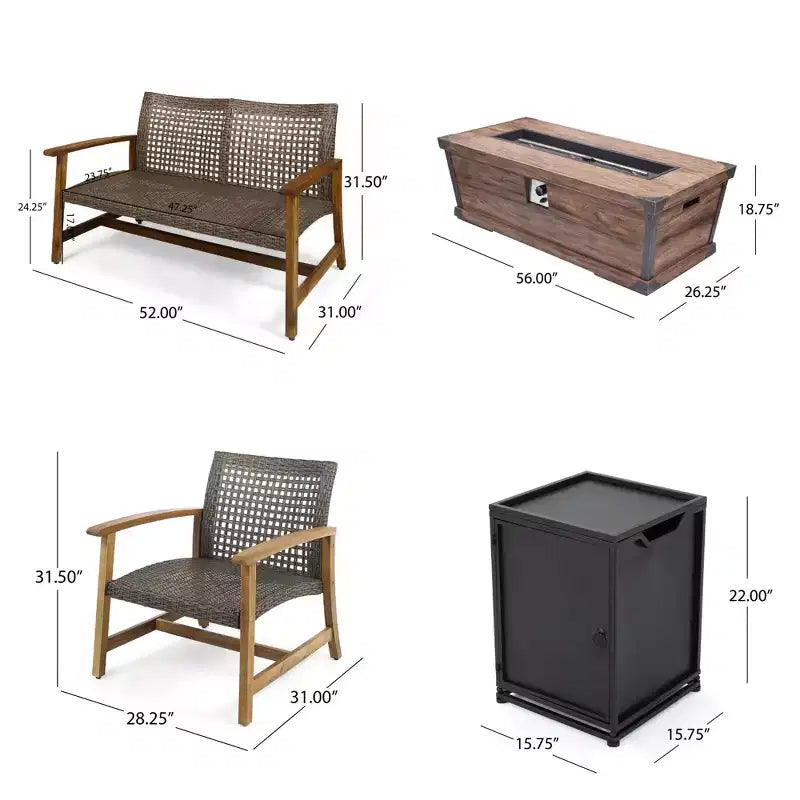 GDFStudio Savannah Salotto da Esterno in Legno di Acacia e Wicker a 4 Posti con Braciere da 50.000 BTU