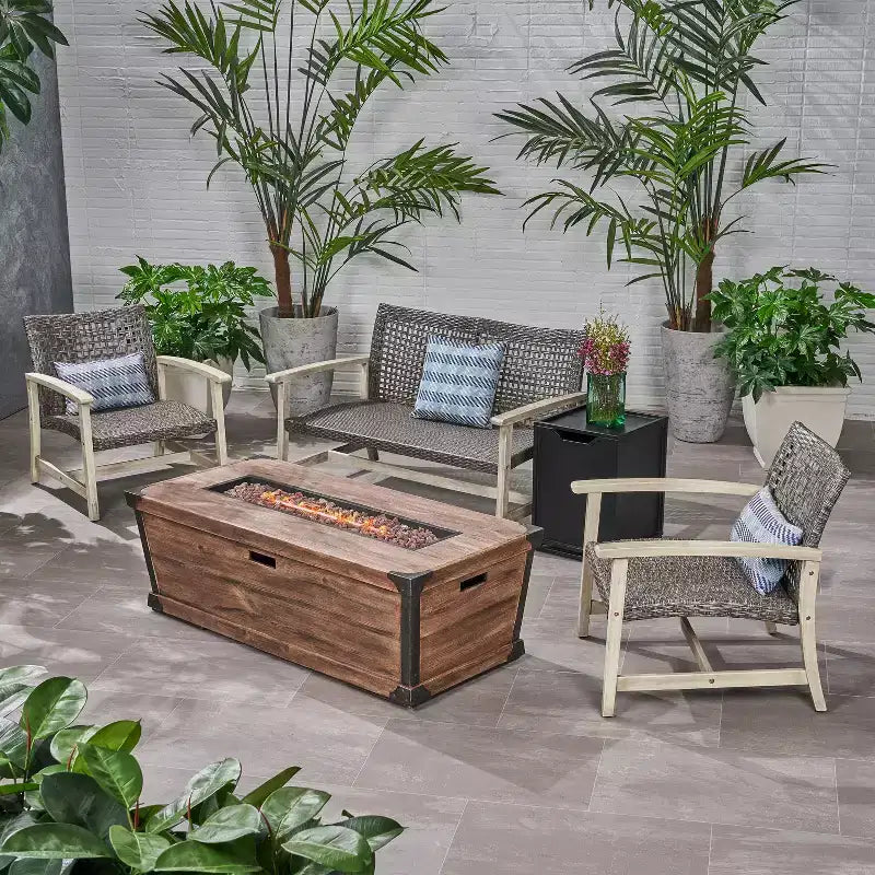 GDFStudio Savannah Salotto da Esterno in Legno di Acacia e Wicker a 4 Posti con Braciere da 50.000 BTU
