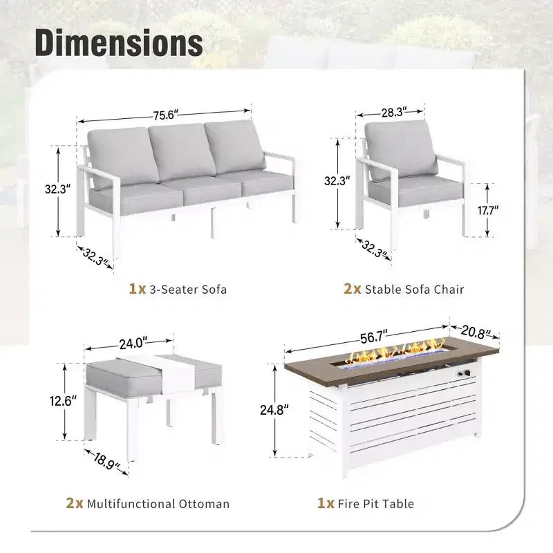 Set da 6 pezzi per esterni con braciere e pouf Captiva Designs in alluminio