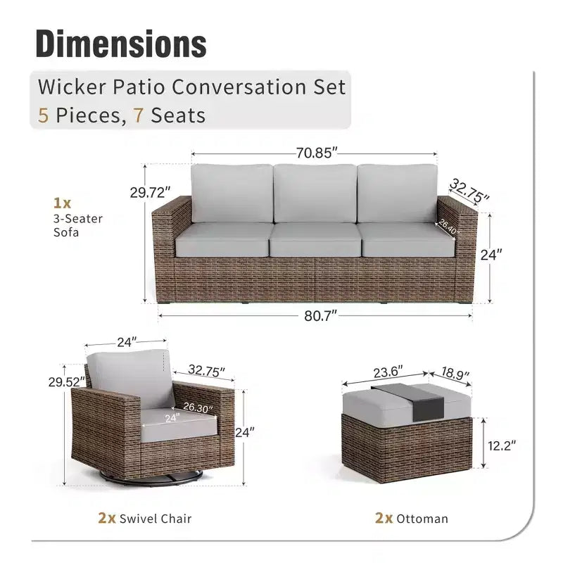 Captiva Designs Set Divano da Giardino a 5 Pezzi in Vimini per Esterni con Pouf per Patio Terrazzo Piscina