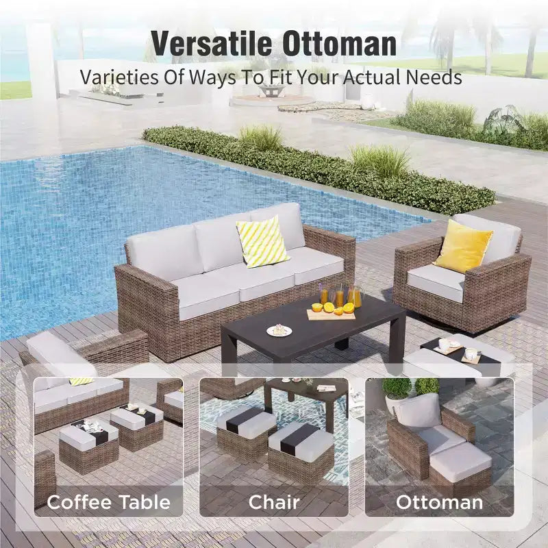Captiva Designs Set Divano da Giardino a 5 Pezzi in Vimini per Esterni con Pouf per Patio Terrazzo Piscina