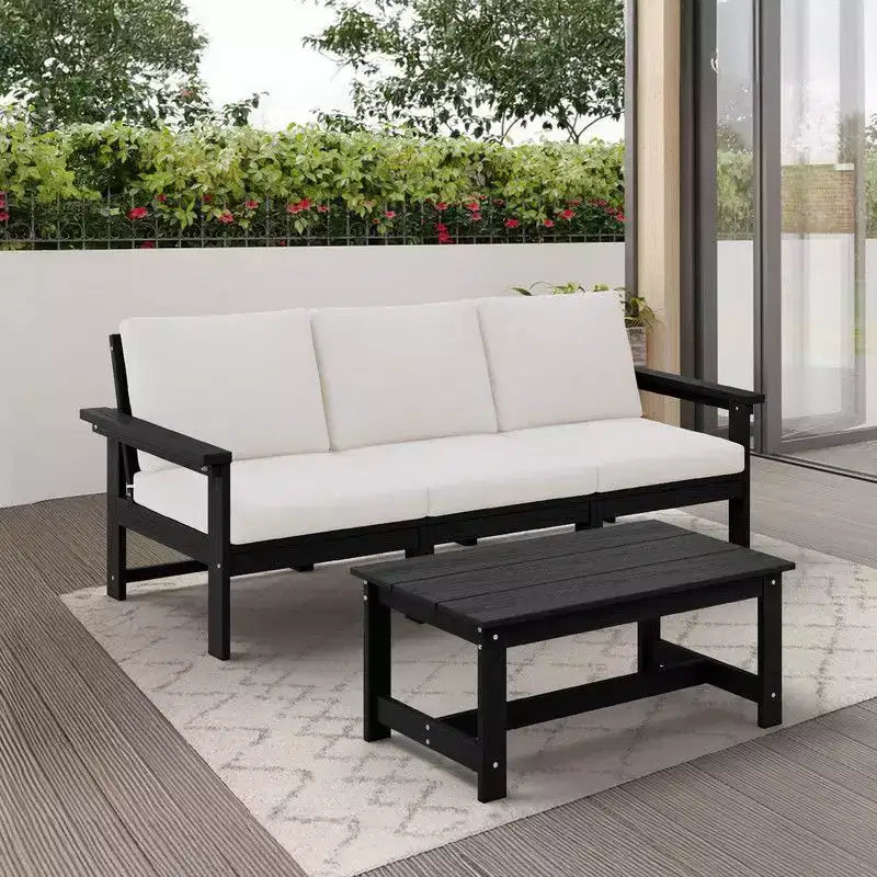 Set divano a 3 posti moderno Hyleory in HDPE con cuscini morbidi rimovibili e tavolino con doghe larghe - Design durevole, resistente alle intemperie e facile da pulire