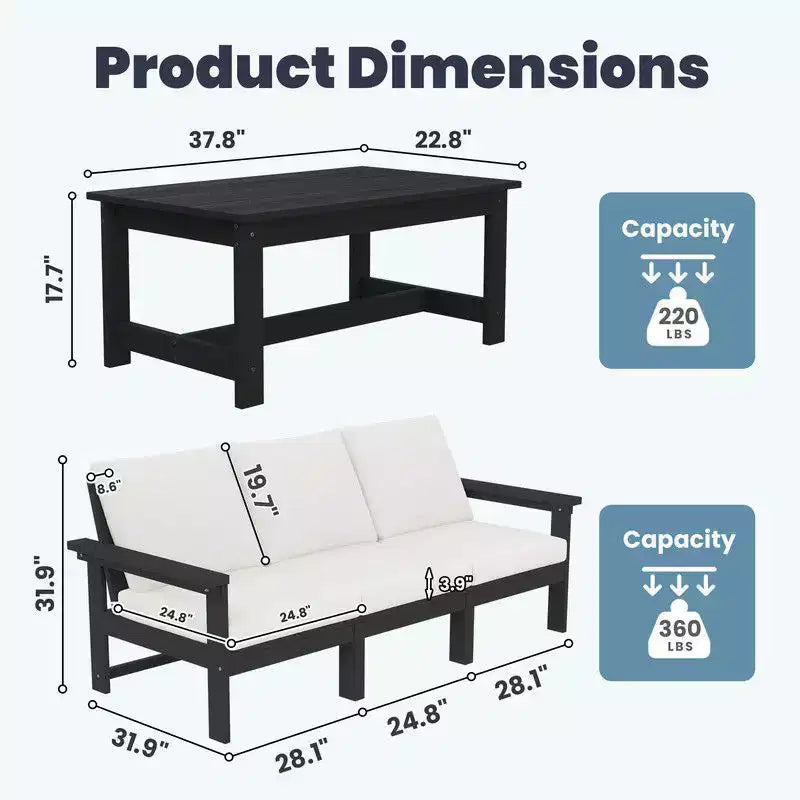 Set divano a 3 posti moderno Hyleory in HDPE con cuscini morbidi rimovibili e tavolino con doghe larghe - Design durevole, resistente alle intemperie e facile da pulire