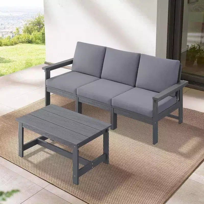 Set divano a 3 posti moderno Hyleory in HDPE con cuscini morbidi rimovibili e tavolino con doghe larghe - Design durevole, resistente alle intemperie e facile da pulire