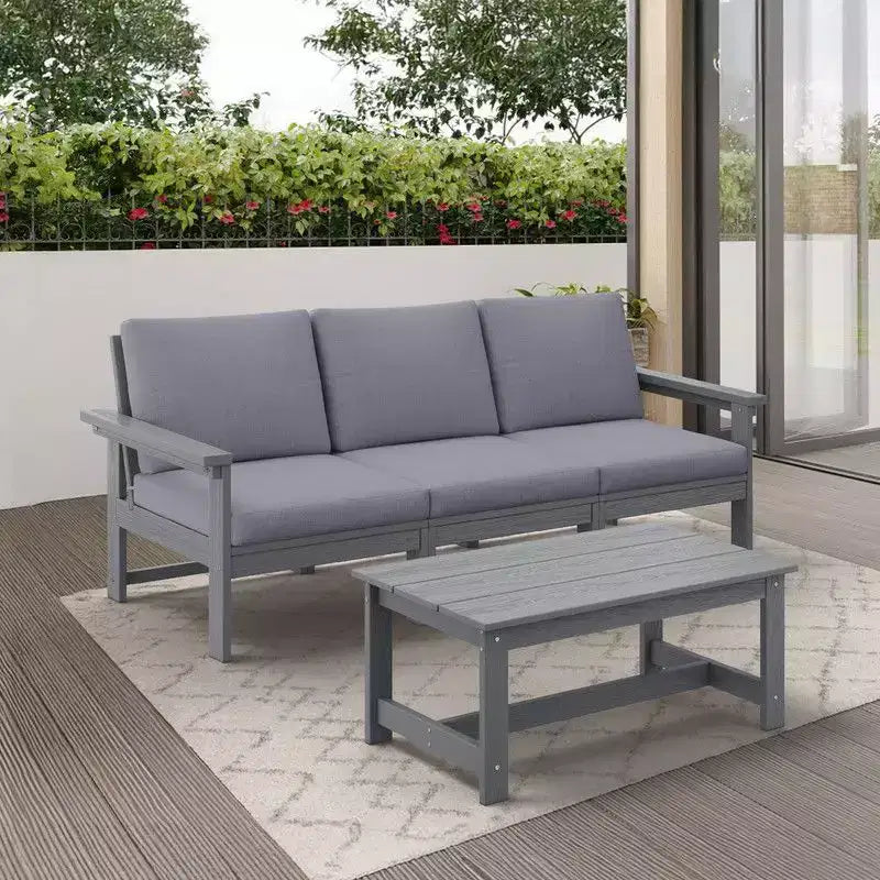Set divano a 3 posti moderno Hyleory in HDPE con cuscini morbidi rimovibili e tavolino con doghe larghe - Design durevole, resistente alle intemperie e facile da pulire