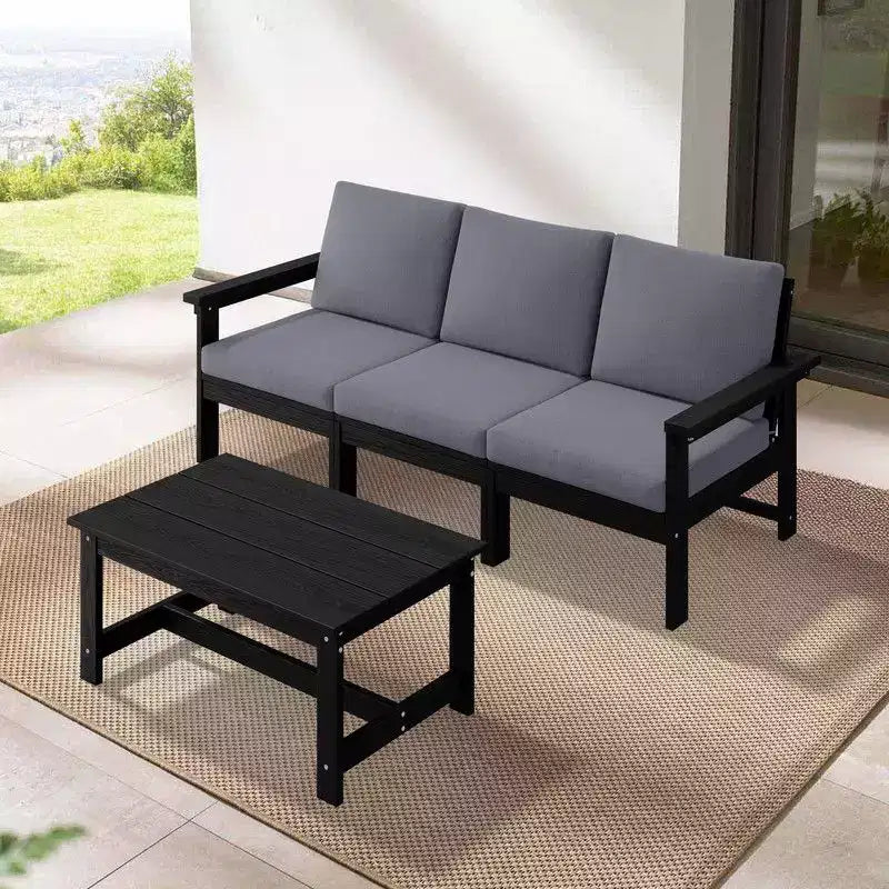 Set divano a 3 posti moderno Hyleory in HDPE con cuscini morbidi rimovibili e tavolino con doghe larghe - Design durevole, resistente alle intemperie e facile da pulire