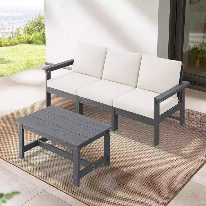 Set divano a 3 posti moderno Hyleory in HDPE con cuscini morbidi rimovibili e tavolino con doghe larghe - Design durevole, resistente alle intemperie e facile da pulire