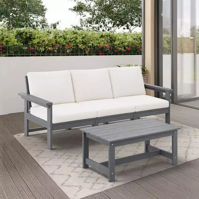 Set divano a 3 posti moderno Hyleory in HDPE con cuscini morbidi rimovibili e tavolino con doghe larghe - Design durevole, resistente alle intemperie e facile da pulire