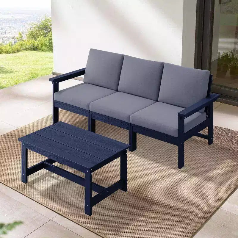 Set divano a 3 posti moderno Hyleory in HDPE con cuscini morbidi rimovibili e tavolino con doghe larghe - Design durevole, resistente alle intemperie e facile da pulire