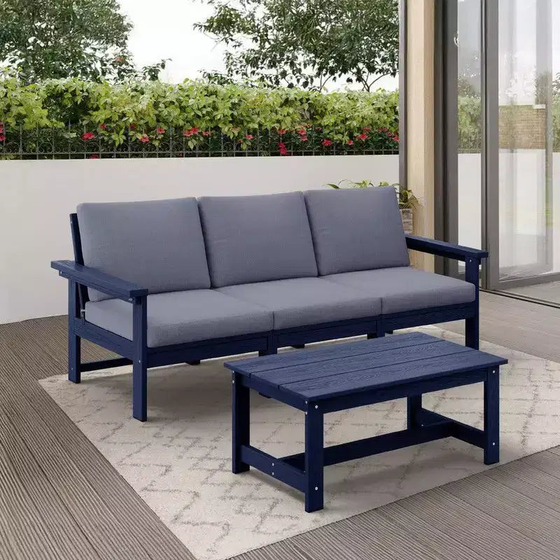 Set divano a 3 posti moderno Hyleory in HDPE con cuscini morbidi rimovibili e tavolino con doghe larghe - Design durevole, resistente alle intemperie e facile da pulire