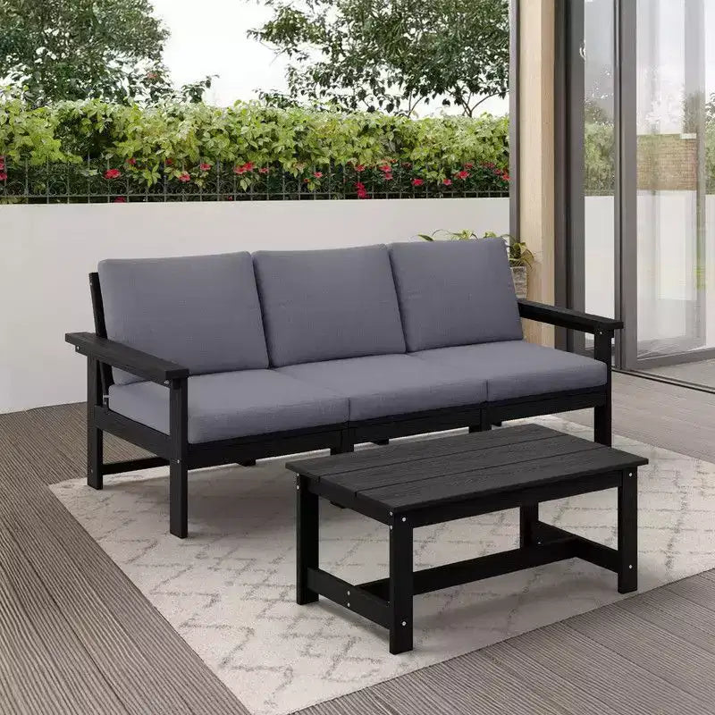 Set divano a 3 posti moderno Hyleory in HDPE con cuscini morbidi rimovibili e tavolino con doghe larghe - Design durevole, resistente alle intemperie e facile da pulire