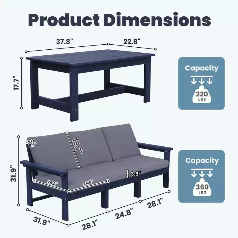 Set divano a 3 posti moderno Hyleory in HDPE con cuscini morbidi rimovibili e tavolino con doghe larghe - Design durevole, resistente alle intemperie e facile da pulire