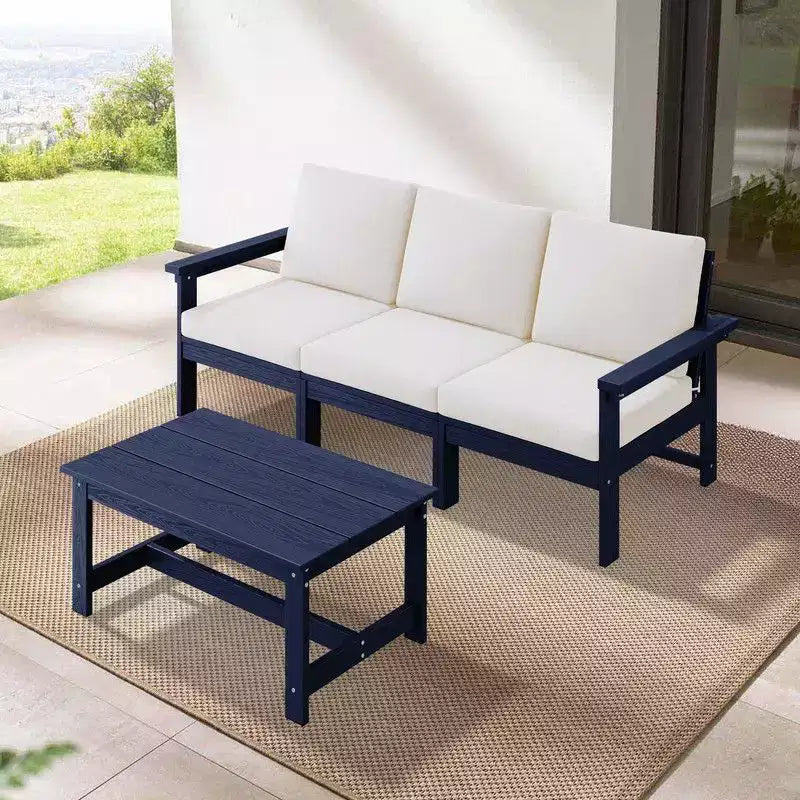 Set divano a 3 posti moderno Hyleory in HDPE con cuscini morbidi rimovibili e tavolino con doghe larghe - Design durevole, resistente alle intemperie e facile da pulire
