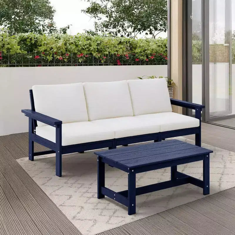 Set divano a 3 posti moderno Hyleory in HDPE con cuscini morbidi rimovibili e tavolino con doghe larghe - Design durevole, resistente alle intemperie e facile da pulire
