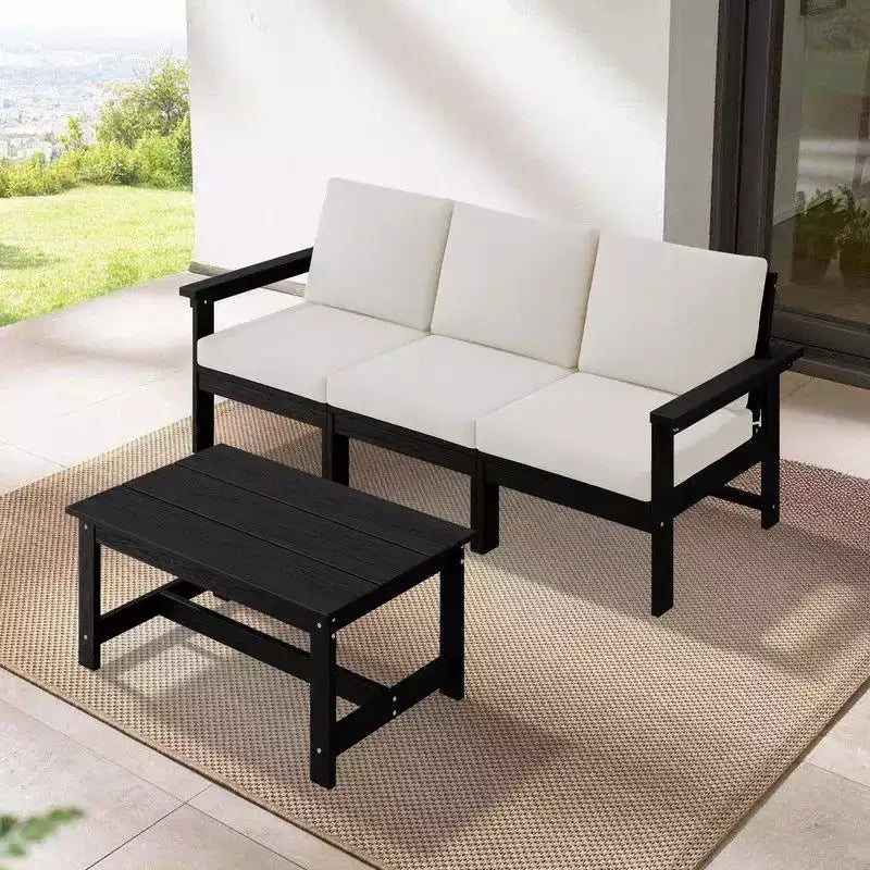 Set divano a 3 posti moderno Hyleory in HDPE con cuscini morbidi rimovibili e tavolino con doghe larghe - Design durevole, resistente alle intemperie e facile da pulire