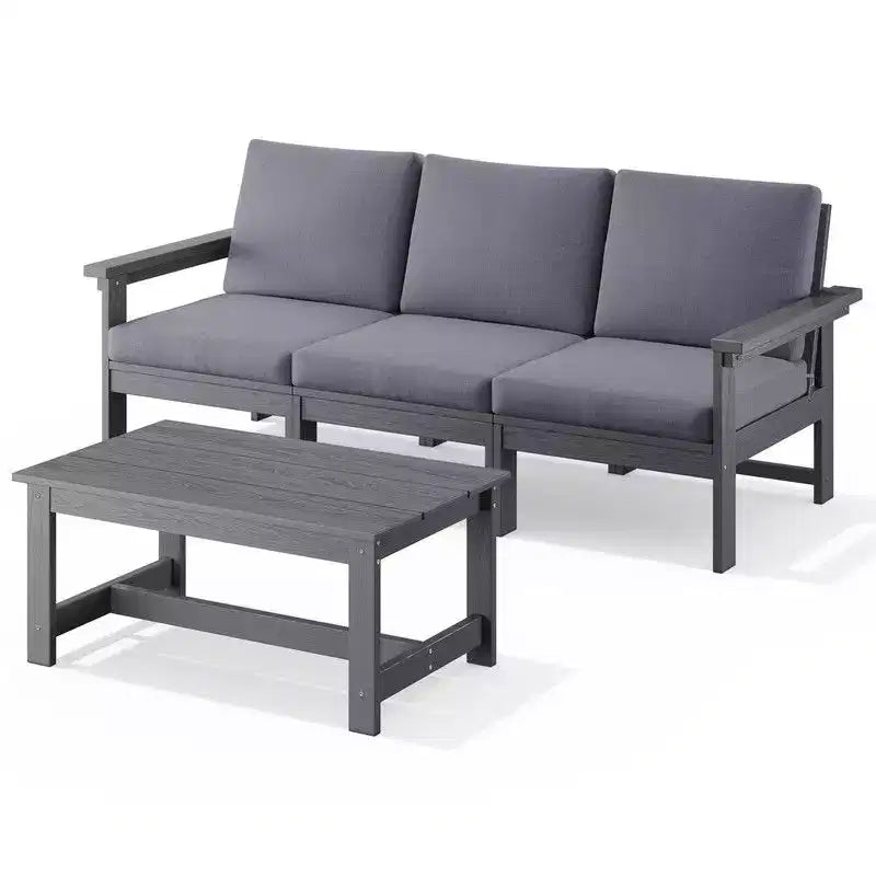 Set divano a 3 posti moderno Hyleory in HDPE con cuscini morbidi rimovibili e tavolino con doghe larghe - Design durevole, resistente alle intemperie e facile da pulire