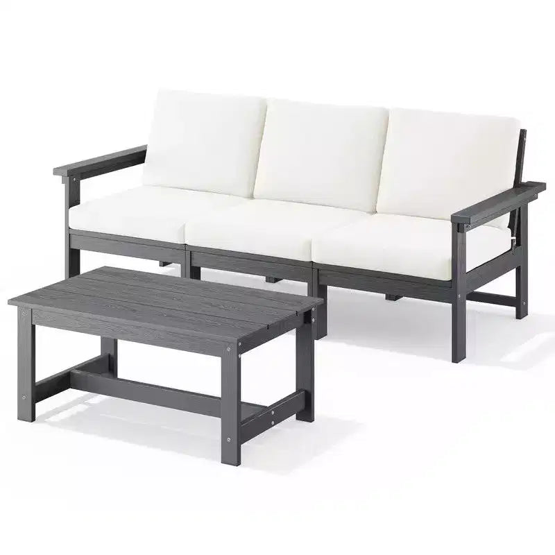 Set divano a 3 posti moderno Hyleory in HDPE con cuscini morbidi rimovibili e tavolino con doghe larghe - Design durevole, resistente alle intemperie e facile da pulire