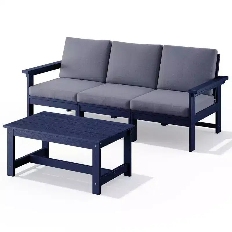 Set divano a 3 posti moderno Hyleory in HDPE con cuscini morbidi rimovibili e tavolino con doghe larghe - Design durevole, resistente alle intemperie e facile da pulire