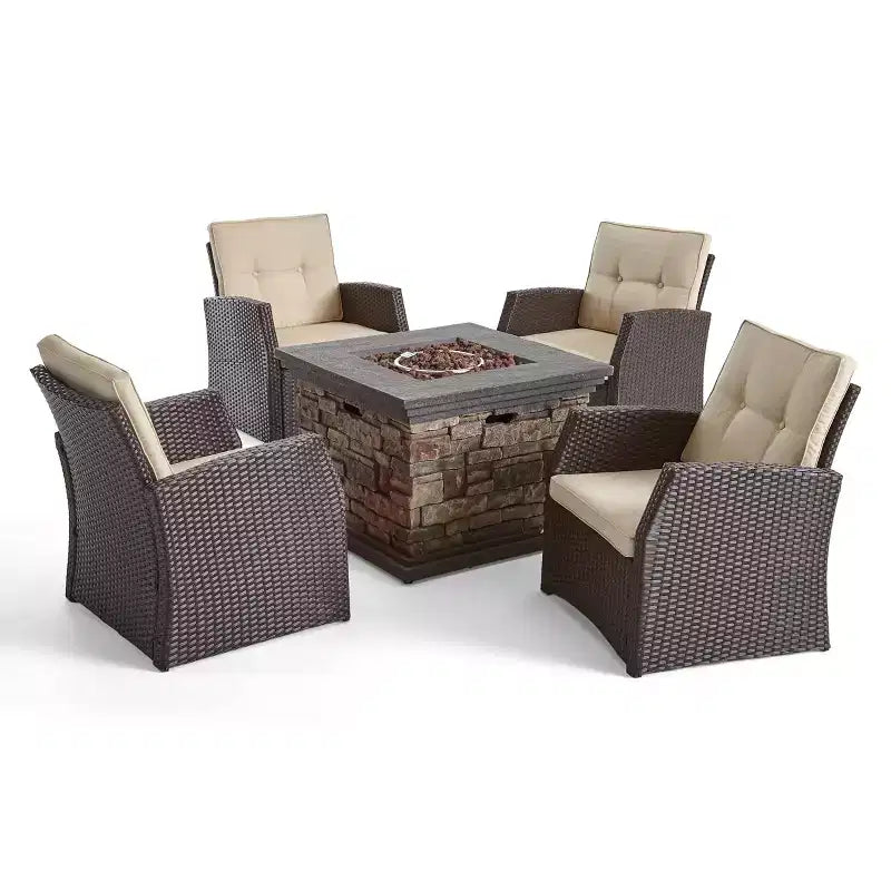 Christopher Knight Home Malvern Set da 5 Pezzi con Poltrone Club da Esterno in Vimini e Braciere con Cuscini