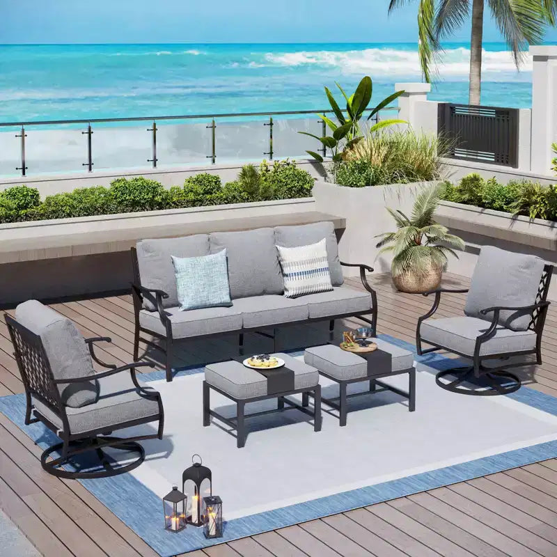 Set da conversazione per esterni da patio in metallo Captiva Designs da 5 pezzi con sedie e poggiapiedi girevoli con schienale a griglia