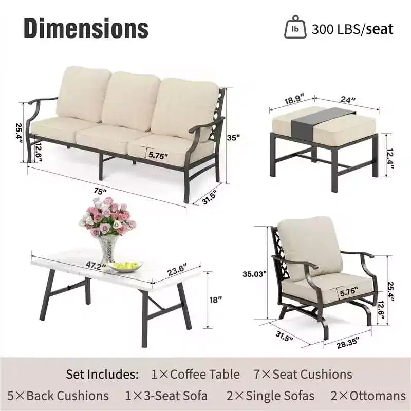 Captiva Designs set conversazione da esterno 6 pezzi per patio in metallo, con sedie a dondolo con schienale a griglia, poggiapiedi e tavolino da caffè