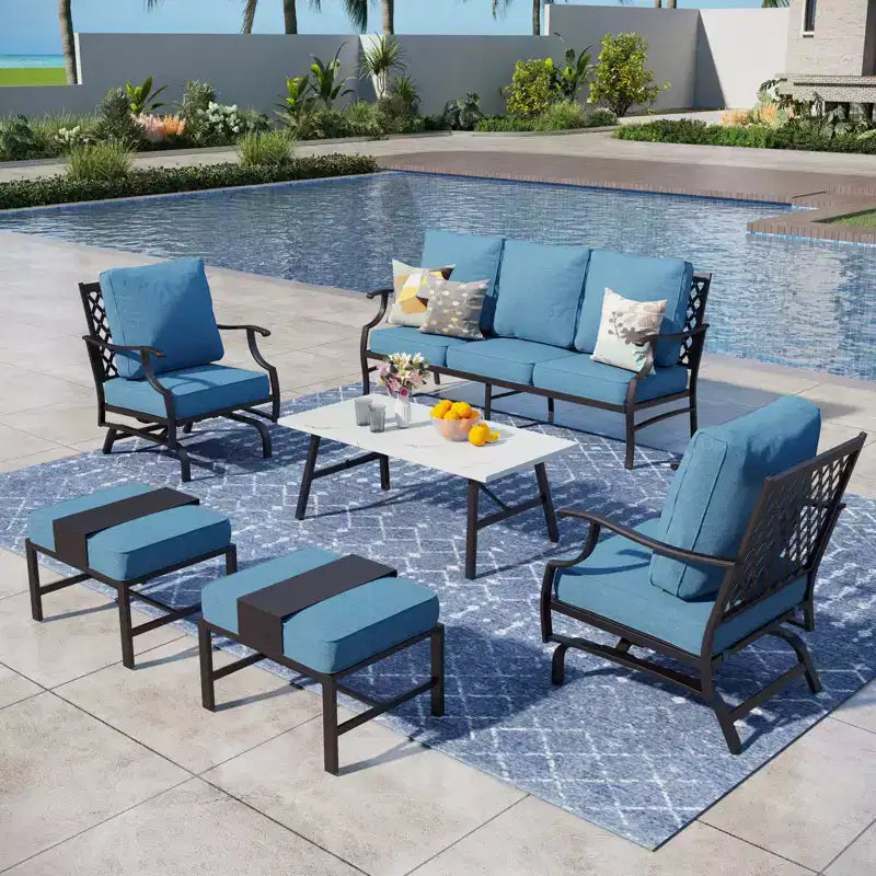 Captiva Designs set conversazione da esterno 6 pezzi per patio in metallo, con sedie a dondolo con schienale a griglia, poggiapiedi e tavolino da caffè