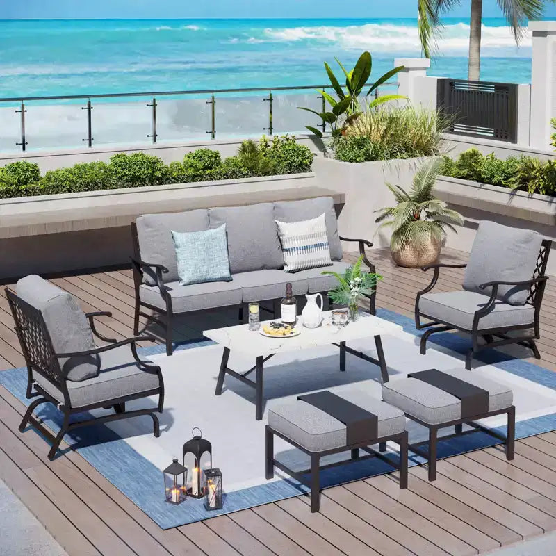 Captiva Designs set conversazione da esterno 6 pezzi per patio in metallo, con sedie a dondolo con schienale a griglia, poggiapiedi e tavolino da caffè