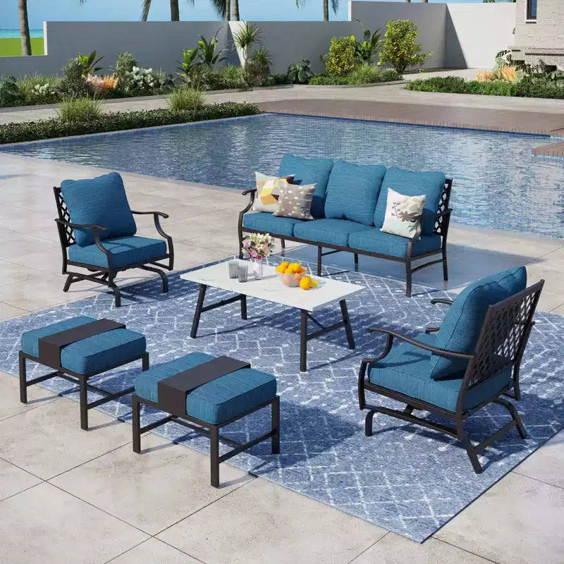 Captiva Designs set conversazione da esterno 6 pezzi per patio in metallo, con sedie a dondolo con schienale a griglia, poggiapiedi e tavolino da caffè
