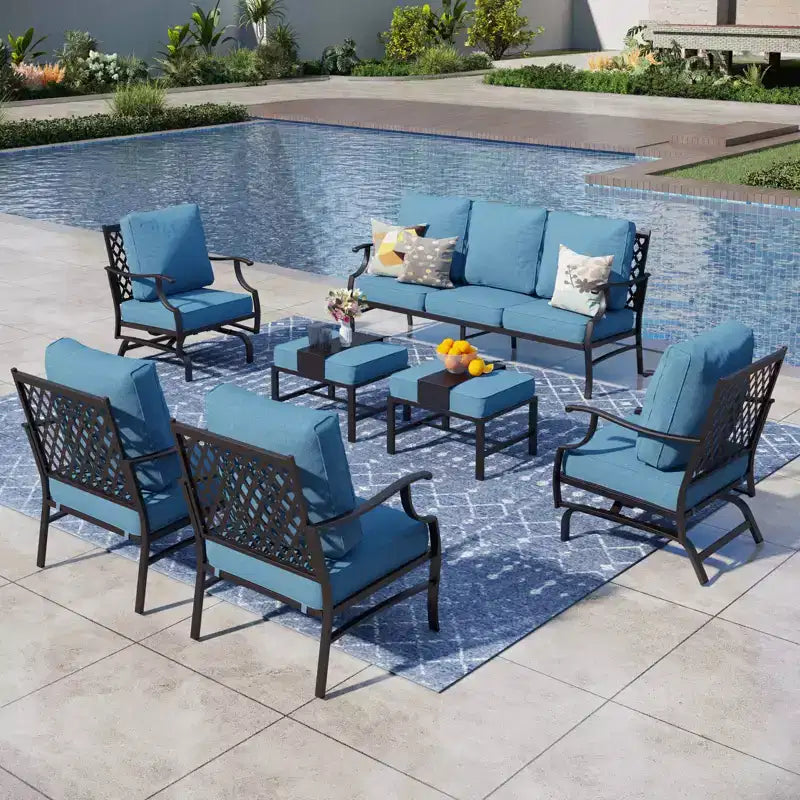 Captiva Designs Set da conversazione da esterno in metallo da 7 pezzi con sedie a dondolo con schienale a griglia, poggiapiedi per giardino, bordo piscina, cortile