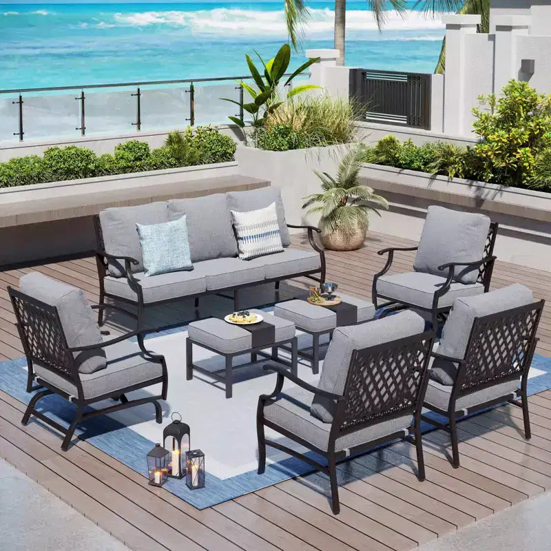Captiva Designs Set da conversazione da esterno in metallo da 7 pezzi con sedie a dondolo con schienale a griglia, poggiapiedi per giardino, bordo piscina, cortile