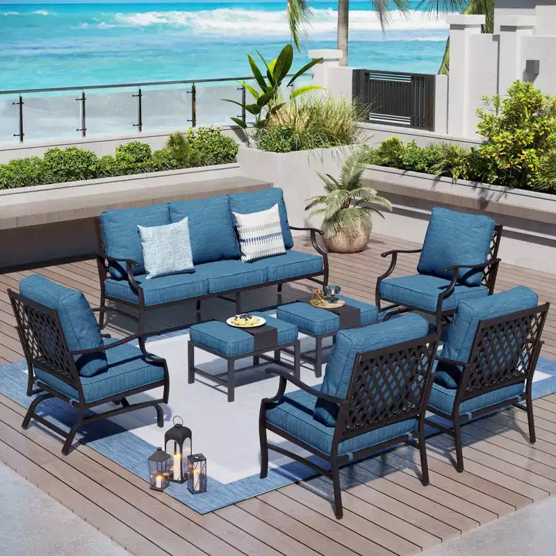 Captiva Designs Set da conversazione da esterno in metallo da 7 pezzi con sedie a dondolo con schienale a griglia, poggiapiedi per giardino, bordo piscina, cortile