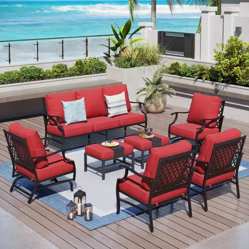 Captiva Designs Set da conversazione da esterno in metallo da 7 pezzi con sedie a dondolo con schienale a griglia, poggiapiedi per giardino, bordo piscina, cortile