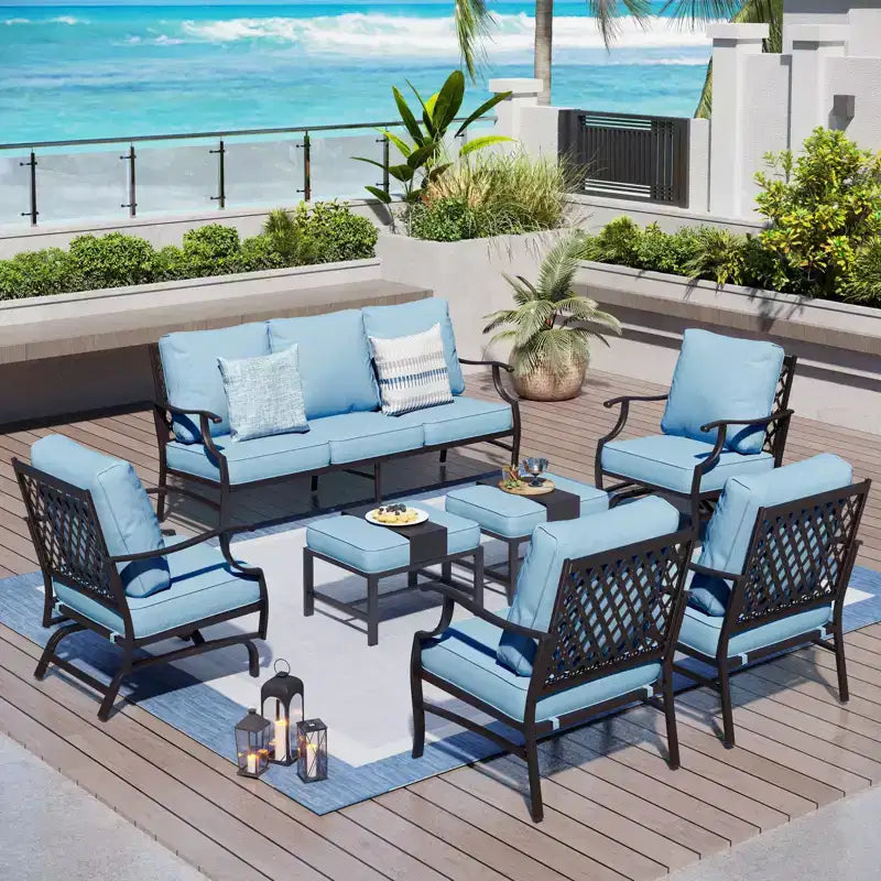 Captiva Designs Set da conversazione da esterno in metallo da 7 pezzi con sedie a dondolo con schienale a griglia, poggiapiedi per giardino, bordo piscina, cortile