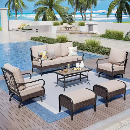 Captiva Designs 6pc Extra Large Metal and Rattan Outdoor Patio Conversation Set with Rocking Chairs and Ottomans