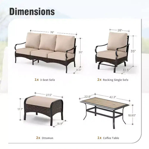 Set da 6 pezzi Captiva Designs, extra large, in metallo e rattan, per conversazione all'aperto con sedie a dondolo e poggiapiedi