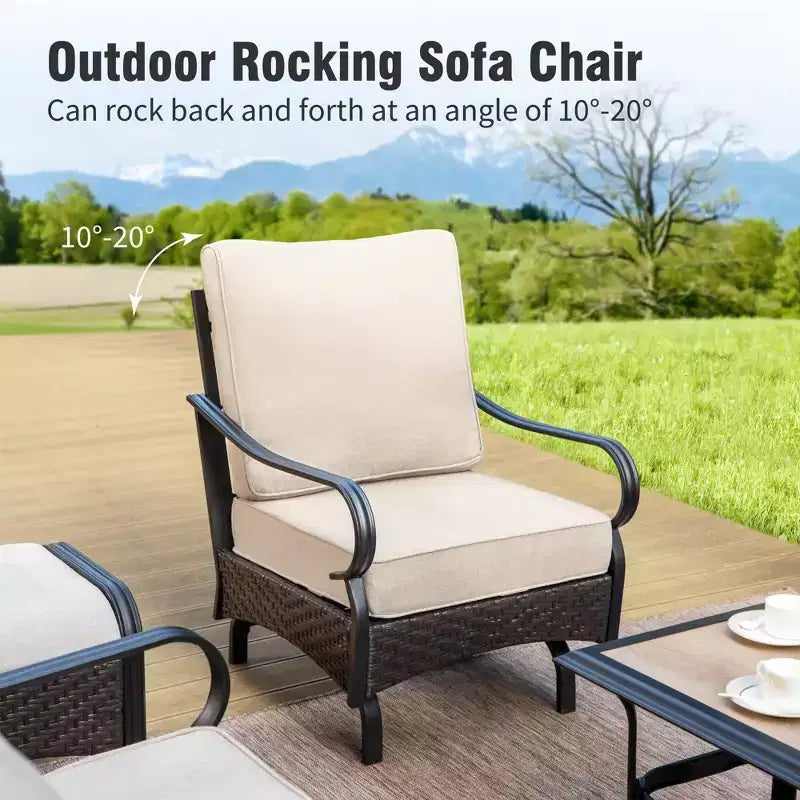 Set da 6 pezzi Captiva Designs, extra large, in metallo e rattan, per conversazione all'aperto con sedie a dondolo e poggiapiedi