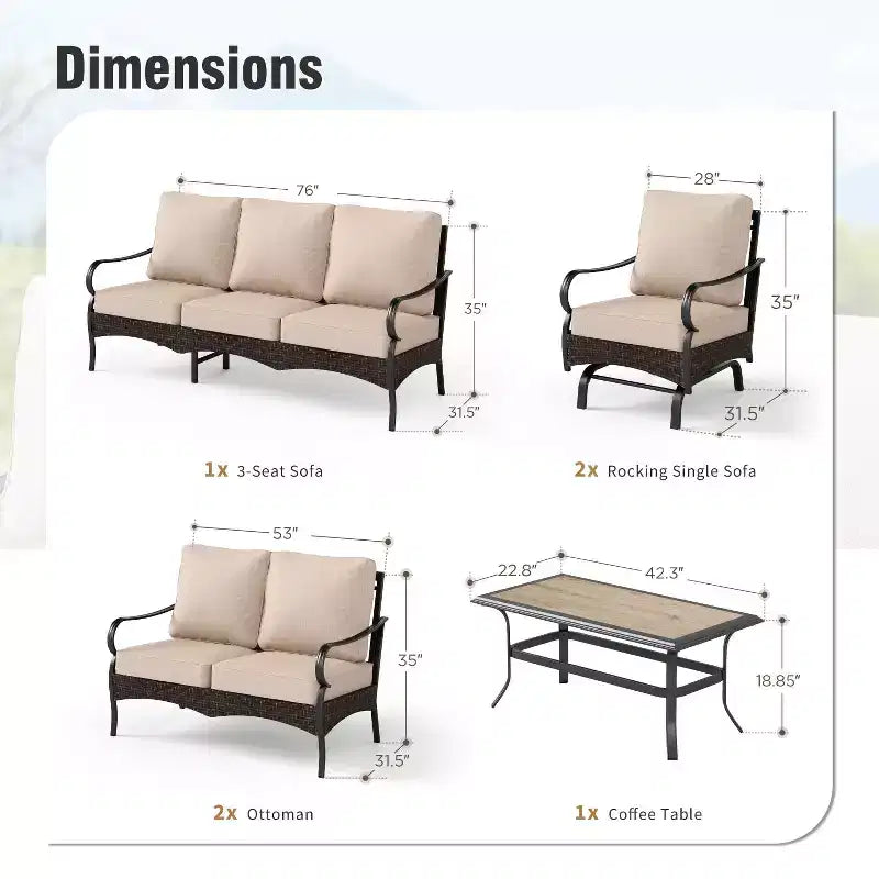 Set da conversazione per esterni Captiva Designs, 5 pezzi extra large, in metallo e rattan, con sedie a dondolo e divanetto