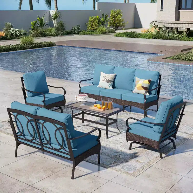 Set da conversazione per esterni Captiva Designs, 5 pezzi extra large, in metallo e rattan, con sedie a dondolo e divanetto