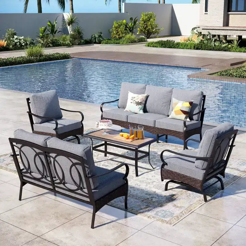 Set da conversazione per esterni Captiva Designs, 5 pezzi extra large, in metallo e rattan, con sedie a dondolo e divanetto