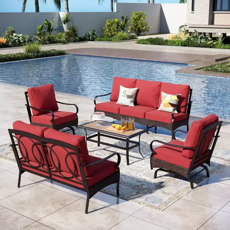 Set da conversazione per esterni Captiva Designs, 5 pezzi extra large, in metallo e rattan, con sedie a dondolo e divanetto