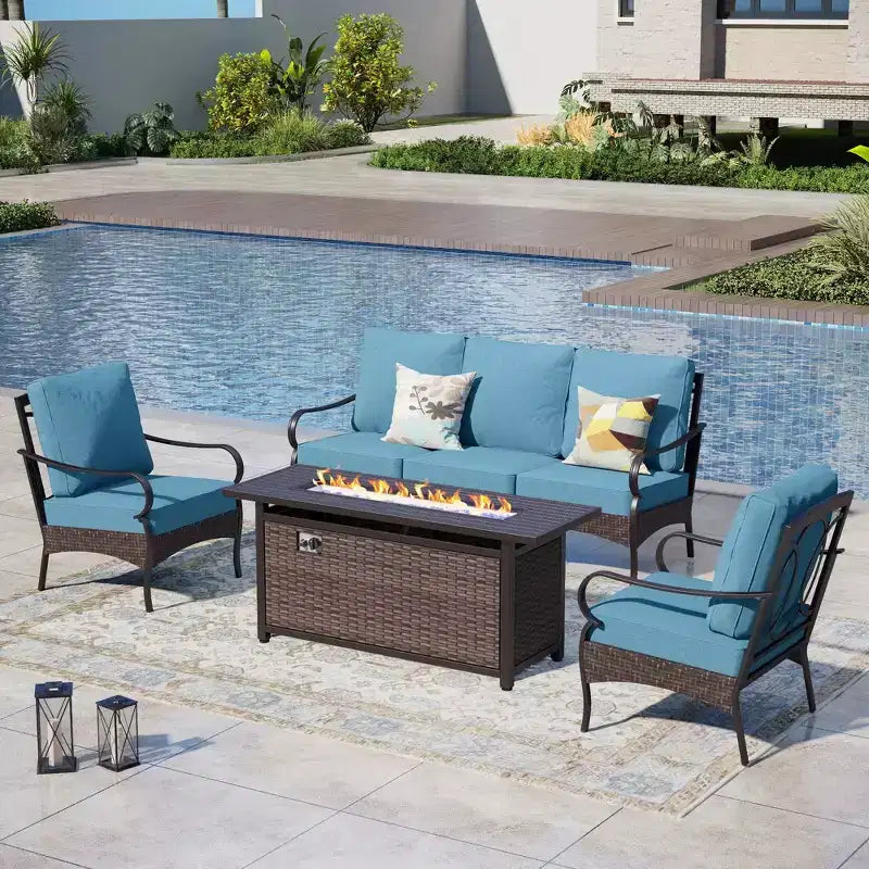 Captiva Designs Set da 4 Pezzi con Focolare da Esterno Extra Large in Metallo e Rattan e Poltrone Singole