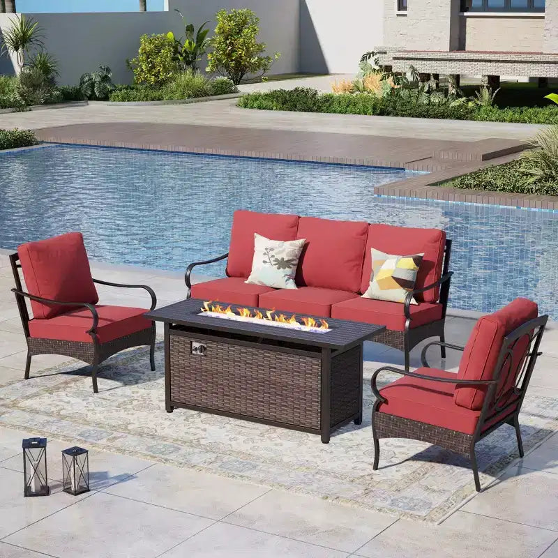 Captiva Designs Set da 4 Pezzi con Focolare da Esterno Extra Large in Metallo e Rattan e Poltrone Singole