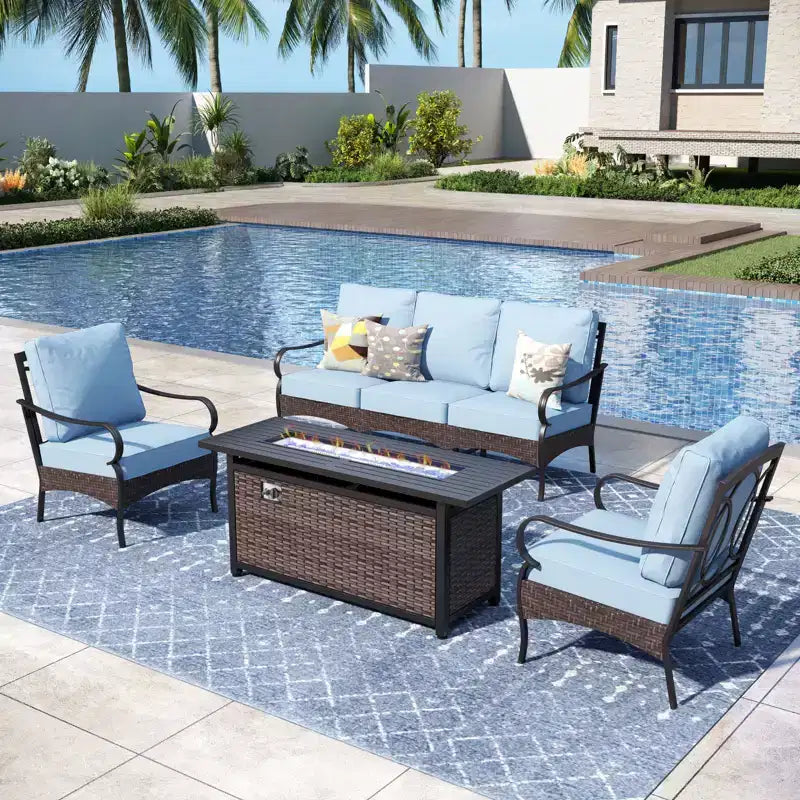 Captiva Designs Set da 4 Pezzi con Focolare da Esterno Extra Large in Metallo e Rattan e Poltrone Singole