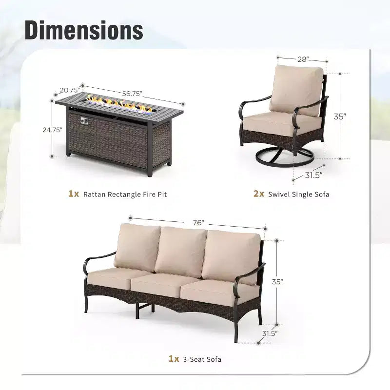 Captiva Designs Set da 4 Pezzi Extra Large con Braciere da Esterno in Metallo e Rattan e Divani Girevoli