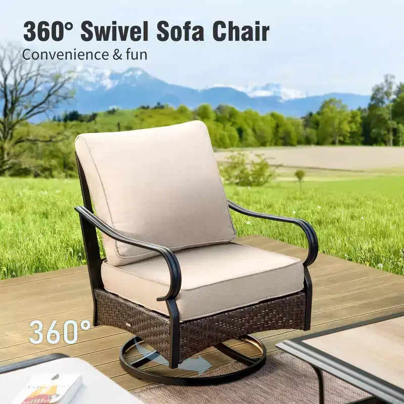 Captiva Designs Set da 4 Pezzi Extra Large con Braciere da Esterno in Metallo e Rattan e Divani Girevoli