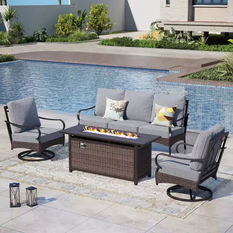 Captiva Designs Set da 4 Pezzi Extra Large con Braciere da Esterno in Metallo e Rattan e Divani Girevoli