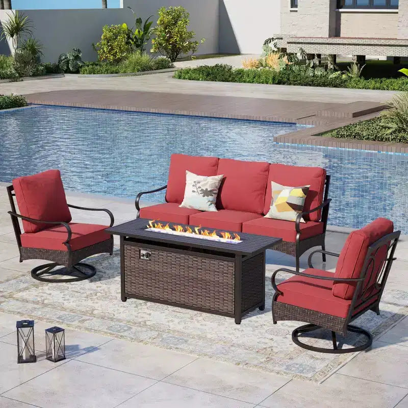 Captiva Designs Set da 4 Pezzi Extra Large con Braciere da Esterno in Metallo e Rattan e Divani Girevoli