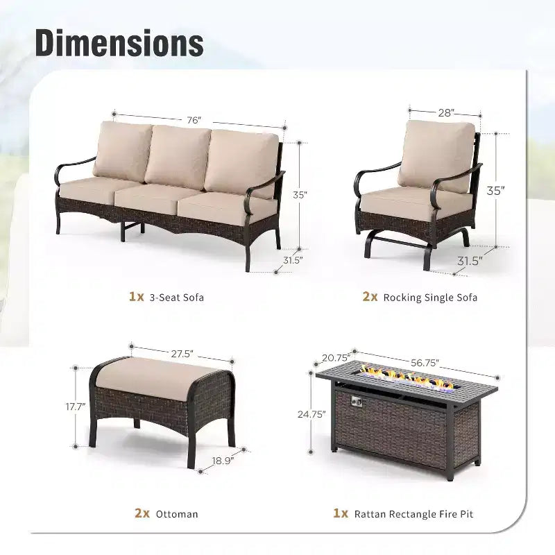 Captiva Designs Set 6 Pezzi Grande da Esterno in Metallo e Rattan con Braciere, Divani a Dondolo e Pouf
