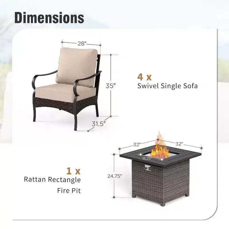 Captiva Designs Set da 4 Pezzi Extra Large con Bracere per Esterni in Metallo e Rattan con Poltrone